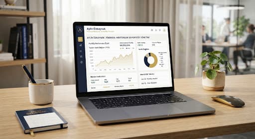 Finansal gösterge panosu ve analiz araçlarını gösteren dizüstü bilgisayar ekranı.